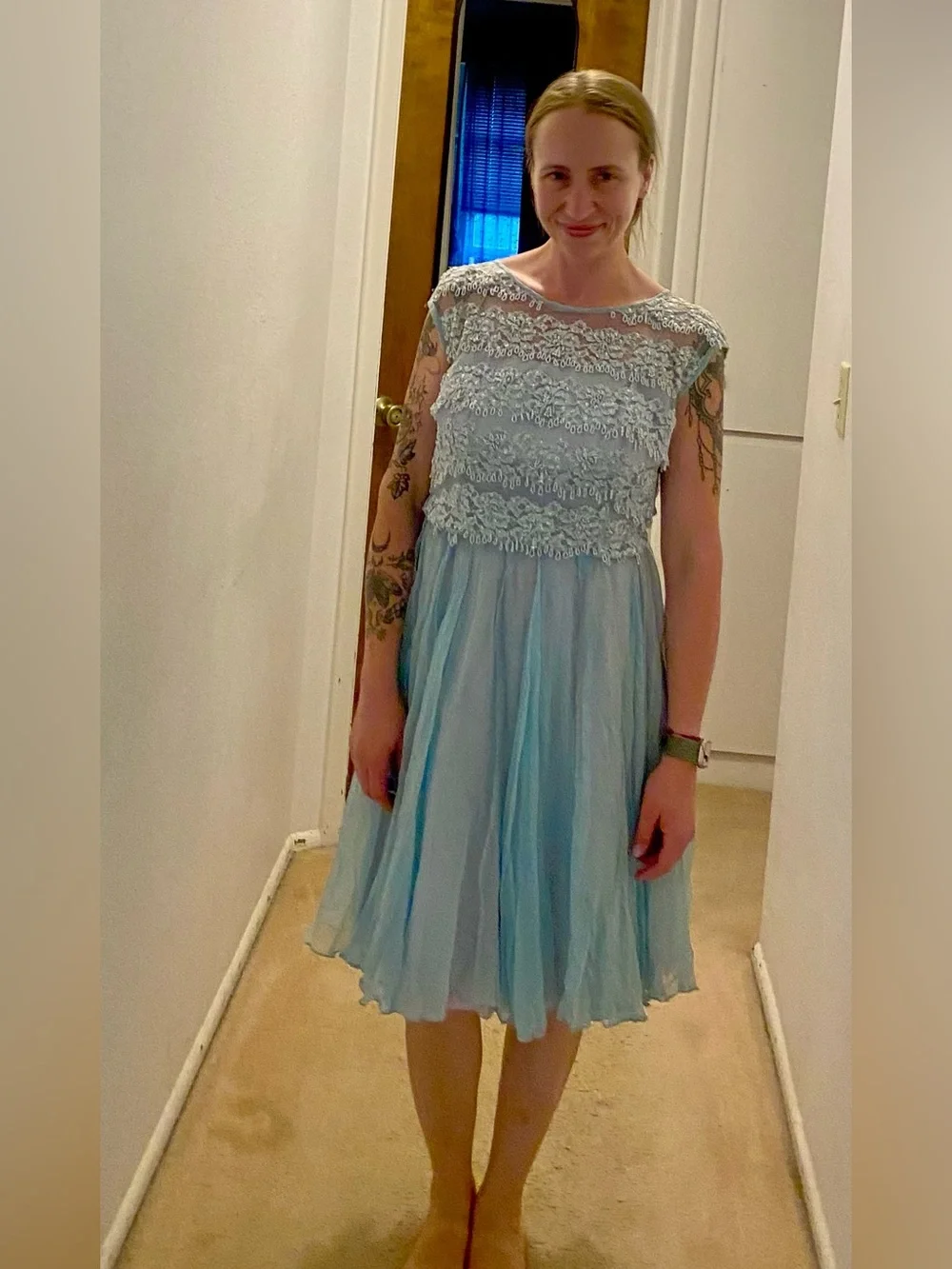 TRUE VINTAGE Miss ElliLight Blue Beaded Lace & Chiffon Fit-and-Flare Dress